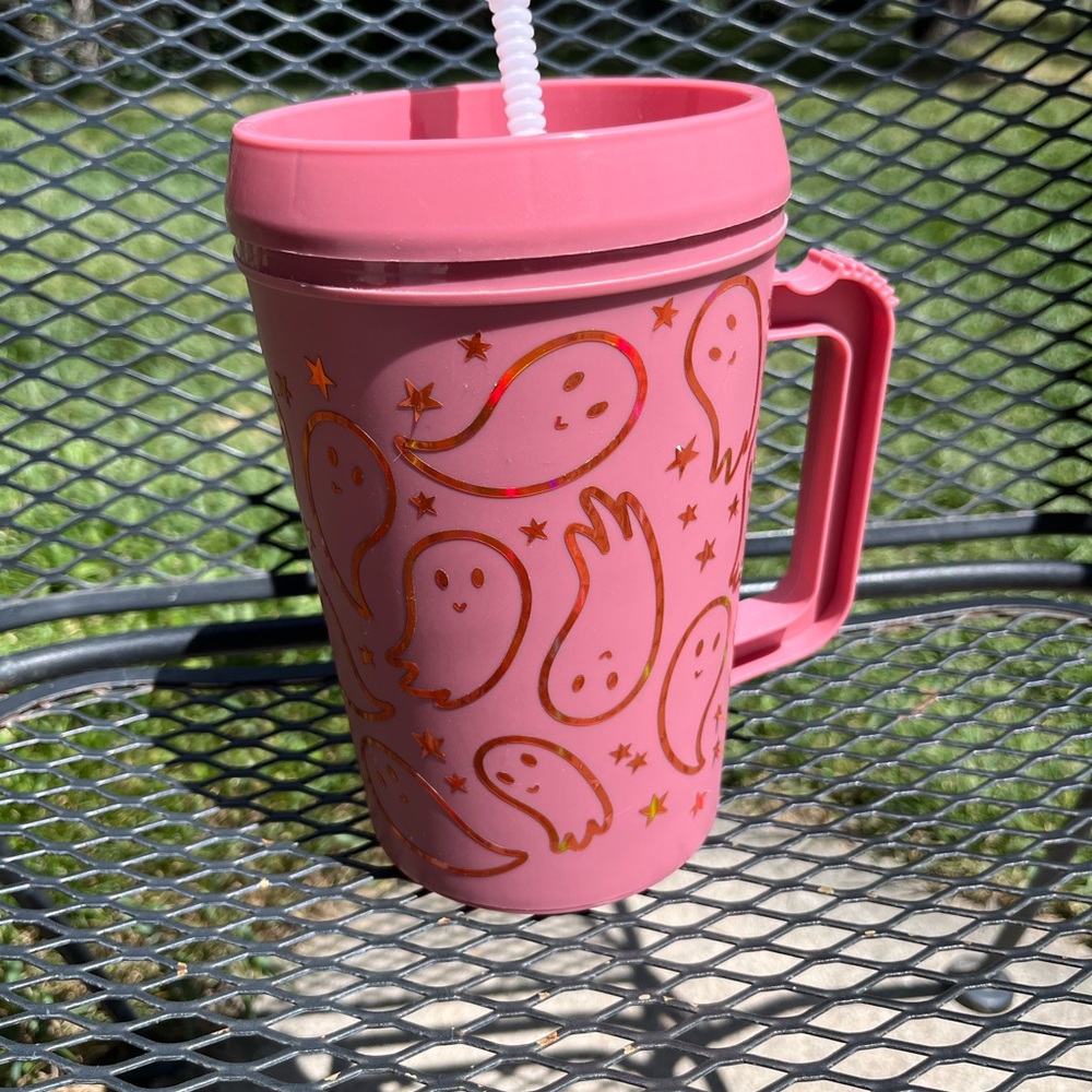Pink Ghost Print Travel Tumbler with Handle